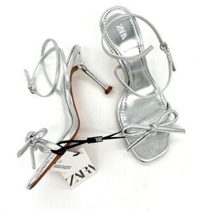 Zara Metallic Silver Bow Heeled Sandals Square Toe Stilettos Party Glam Size 8.5